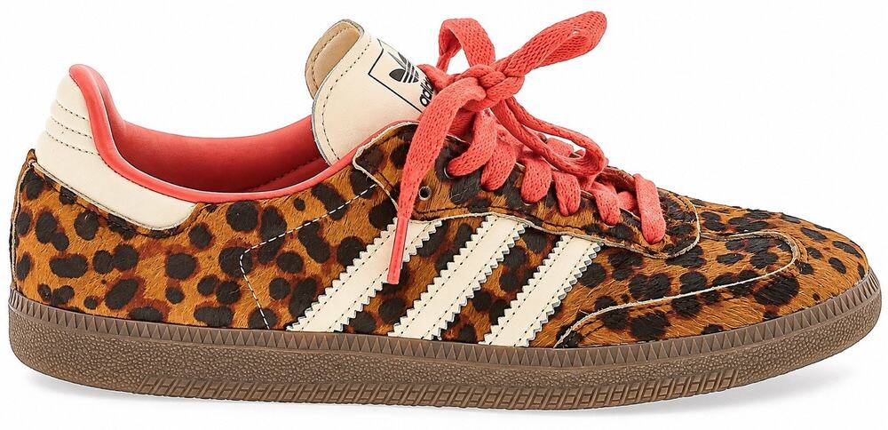 Adidas Women 7 Samba Leopard Print Pony Hair Sneakers Coral Laces Gum Sole Shoes